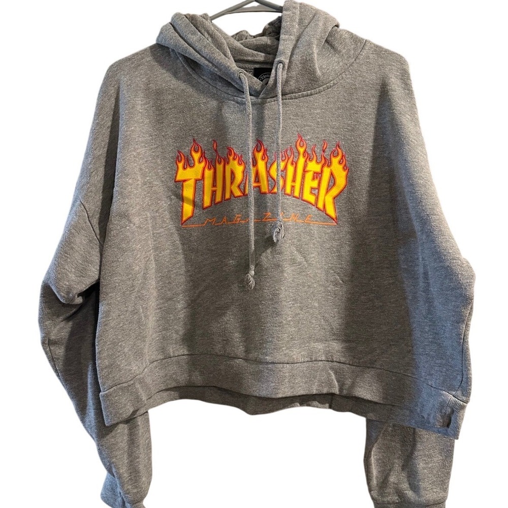 Thrasher Magazine Flame Cropped Hoodie Gray Skate Sweatshirt Medium grunge y2k